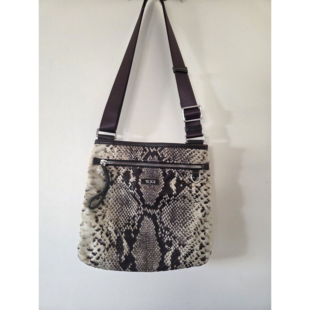 TUMI Nylon/Leather Crossbody Sling Bag Python Print Shoulder Strap Purse